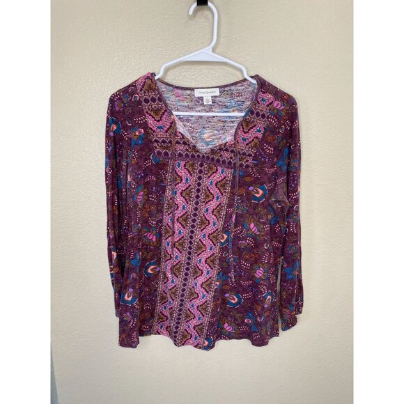 Vintage America Purple Floral Boho Top M‎ Long Sleeve Scoop Neck Lightweight - Picture 2 of 5